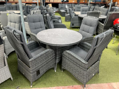 Burbage 4 Seater Round Reclining Dining Set in Stone Grey Rattan