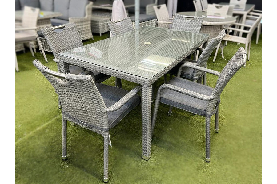 6 Seater Tulip Rectangular Rattan Dining Set in Grey Sapcote Garden Centre