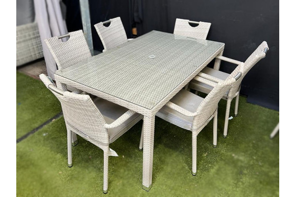 Sharnford Stacking 6 Seater Rectangular Rattan Dining Set in Latte