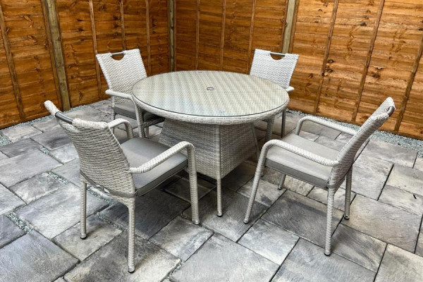 Sharnford Stacking 4 Seater Rattan Dining Set in Latte