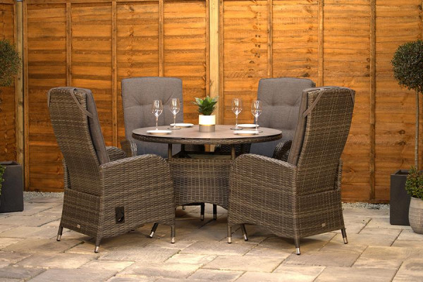 Burbage 4 Seater Round Reclining Dining Set in Stone Grey Rattan