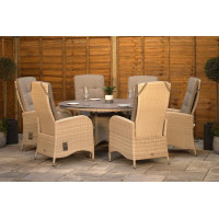 Burbage 6 Seater Round Reclining Rattan Dining Set in Latte