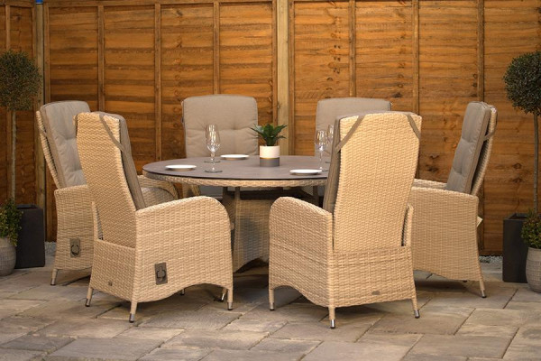 Burbage 6 Seater Round Reclining Rattan Dining Set in Latte