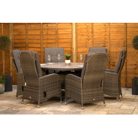Burbage 6 Seater Round Reclining Dining Set in Stone Grey Rattan