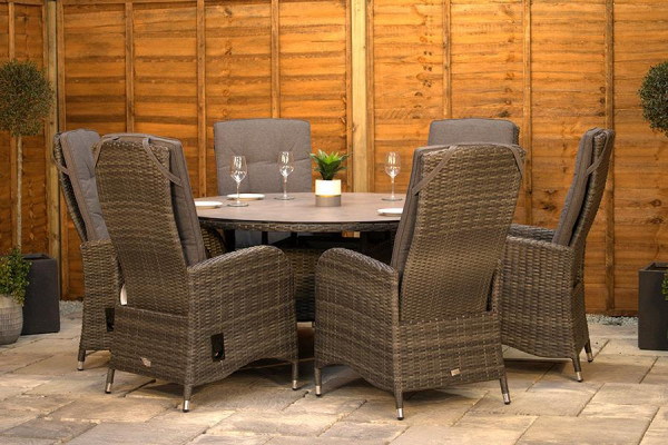 Burbage 6 Seater Round Reclining Dining Set in Stone Grey Rattan