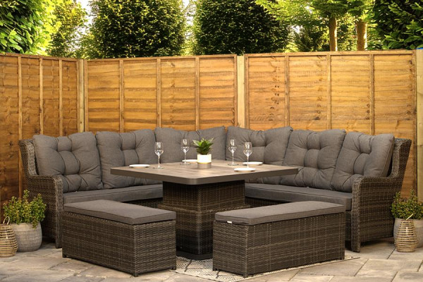 Burbage Large Rattan Corner Lounge Set with Height Adjustable Table in Stone Grey