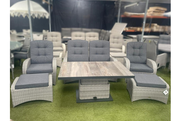 Burbage Reclining Rattan Sofa Set + Adjustable Table in Silver Grey