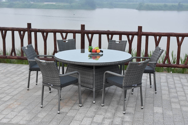 Stacking Round Rattan Dining Set in Stone Grey (6 Seater)
