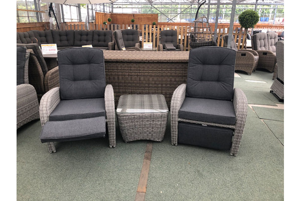 Reclining Rattan Bistro Set + Built in Footrests in Silver Grey