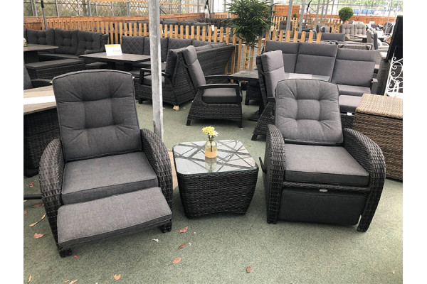 Reclining Rattan Bistro Set + Built in Footrests in Stone Grey