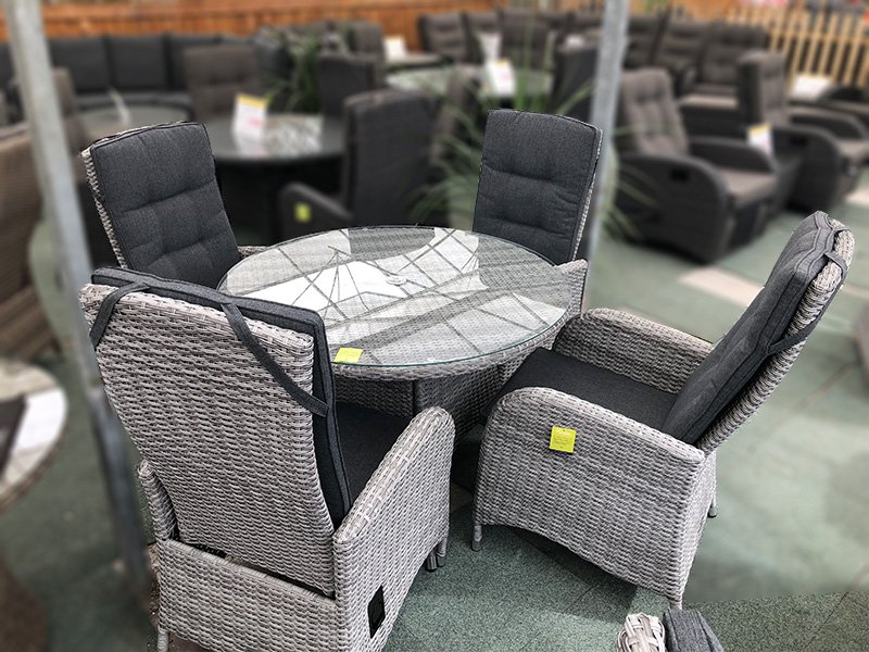 4 Seater Round Reclining Dining Set in Silver Grey Rattan | Garden