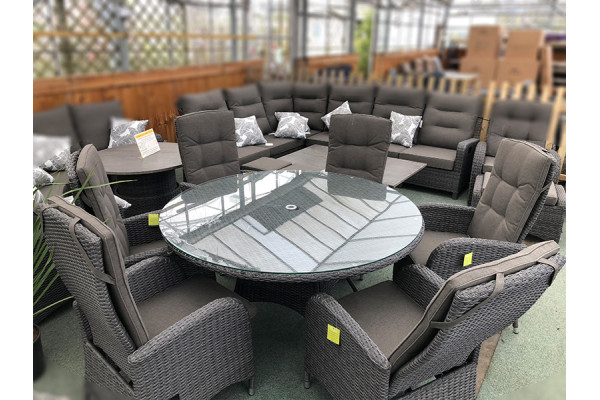 6 Seater Round Reclining Dining Set in Stone Grey Rattan