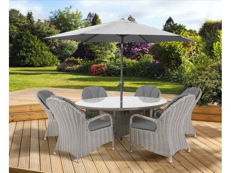 Murano 6 Seater Dining Set In Grey Rattan With Parasol Base - 6 Seater Rattan Patio Set With Parasol