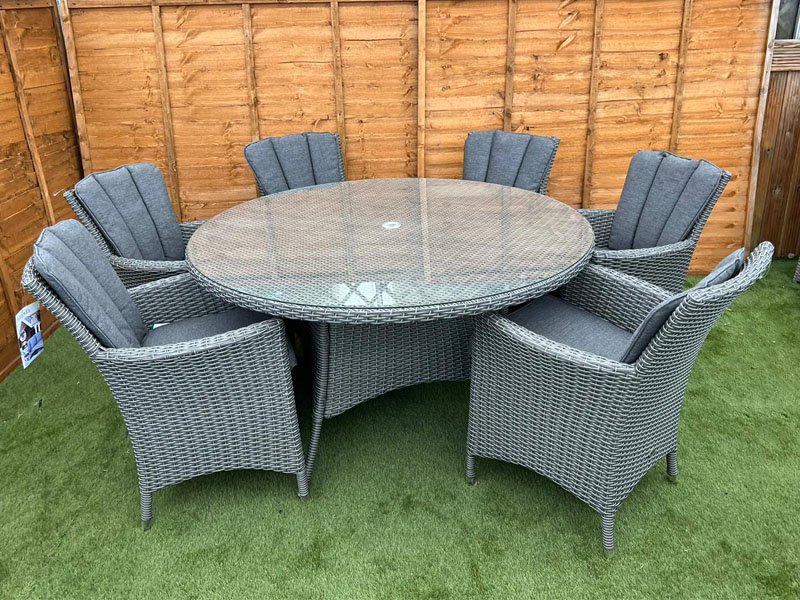 Grey rattan round store table and chairs