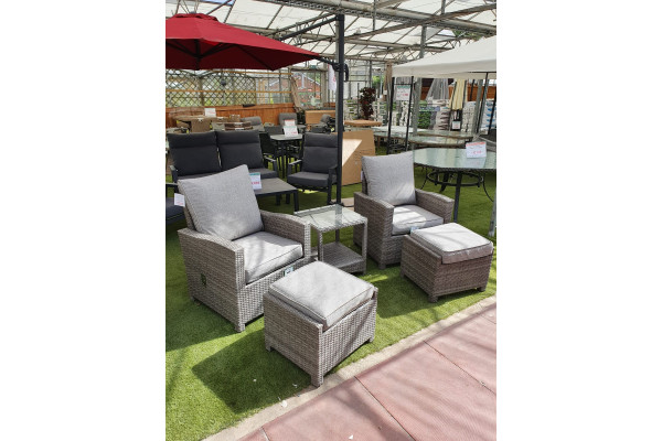 2 Seater Reclining Garden Bistro Set in Grey Rattan + Ottomans