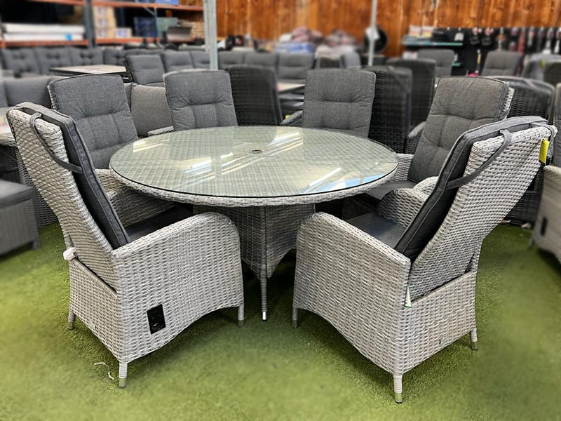Silver Grey Rattan Dining Set + 6 Reclining Garden Chairs UK