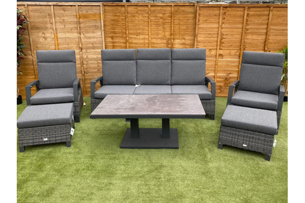 Metal Armed Reclining Rattan Sofa Set in Stone Grey