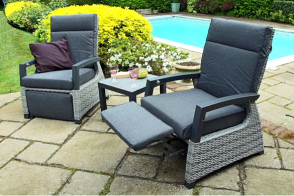 Metal Armed Reclining Rattan Bistro Set in Silver Grey