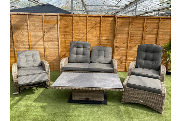 Burbage Reclining Rattan Sofa Set + Adjustable Table in Cappuccino