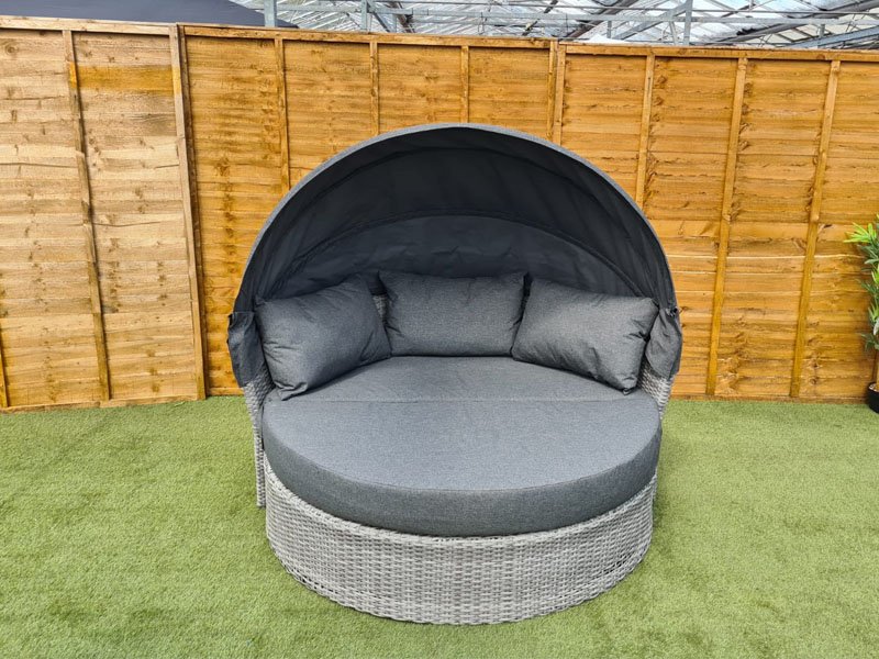 Olivia Double Garden Daybed in Grey Rattan with Adjustable Canopy