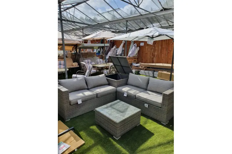 Rattan Corner Sofa Set with Storage and Table (Grey)