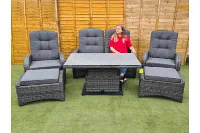 Burbage Reclining Rattan Sofa Set + Adjustable Table in Stone Grey