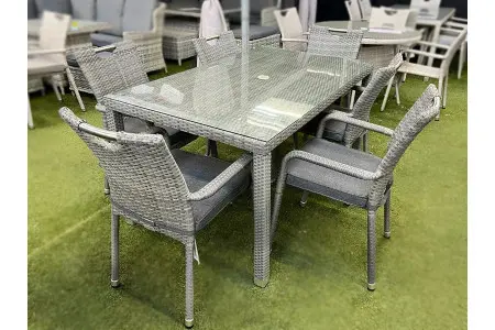 Sharnford Stacking 6 Seater Rectangular Rattan Dining Set in Grey