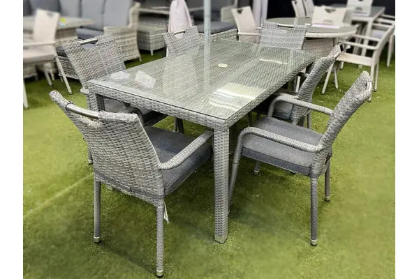 Sharnford Stacking 6 Seater Rectangular Rattan Dining Set in Grey