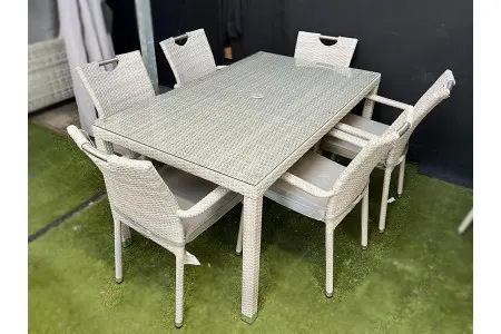 Sharnford Stacking 6 Seater Rectangular Rattan Dining Set in Latte