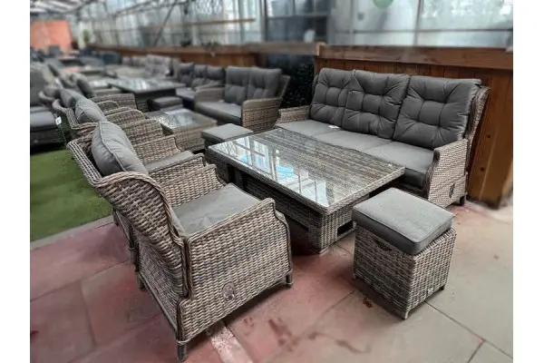 Sapcote Deluxe Reclining Lounge Set + Height Adjustable Table in Brown Rattan 