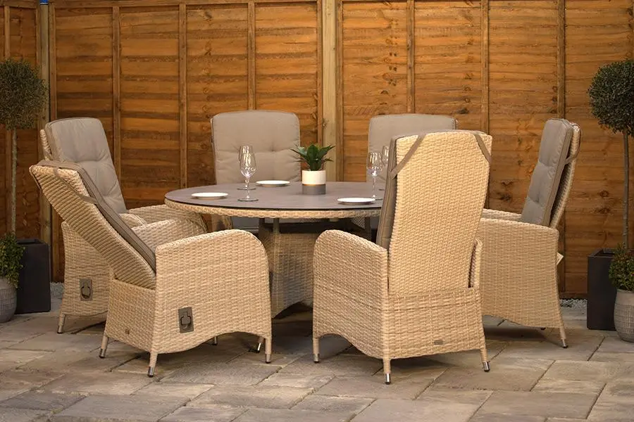 #AskGCS for Burbage 6 Seater Round Reclining Rattan Dining Set in Latte