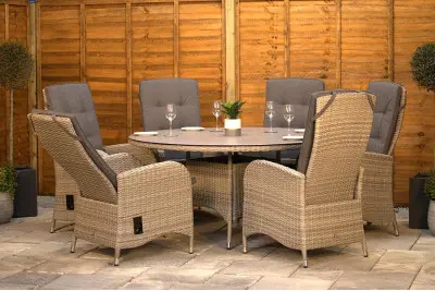 Burbage 6 Seater Round Reclining Dining Set in Silver Grey Rattan