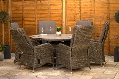 Burbage 6 Seater Round Reclining Dining Set in Stone Grey Rattan