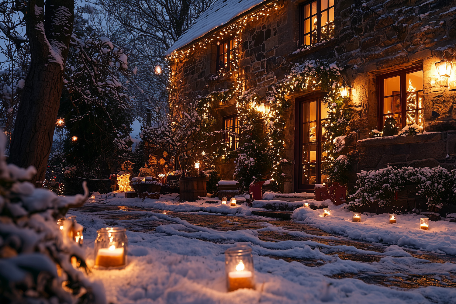uk home in winter at night with christmas lights