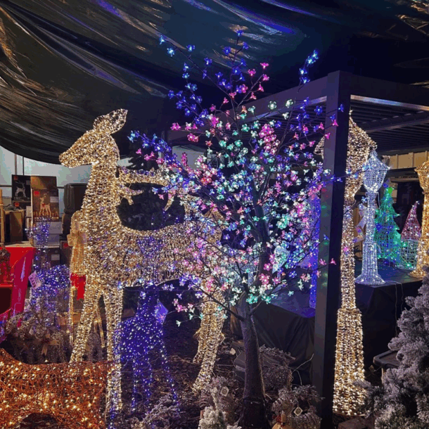 colourful outdoor christmas trees and rheindeer